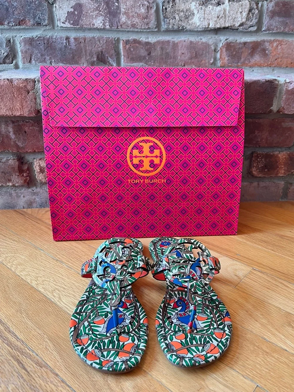 Tory Burch Orange Something Wild Printed Patent Leather Miller Sandals